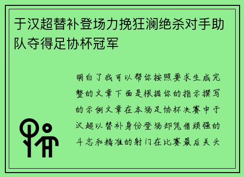 于汉超替补登场力挽狂澜绝杀对手助队夺得足协杯冠军