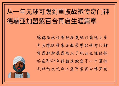 从一年无球可踢到重披战袍传奇门神德赫亚加盟紫百合再启生涯篇章 从一年无球可踢到重披战袍传奇门神德赫亚加盟紫百合再启生涯篇章